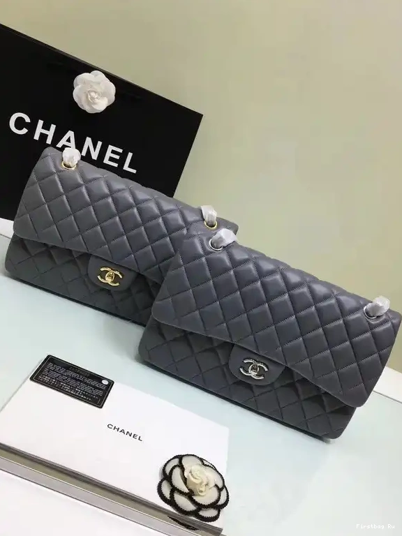 Firstbag Ru Bag Gold Leather Size 30cm Grey Silver With Lambskin 1112 Hardware Large CHANEL Flap 0511